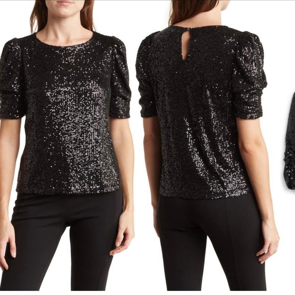 NWT DR2 Ruched sleeve sequin tee